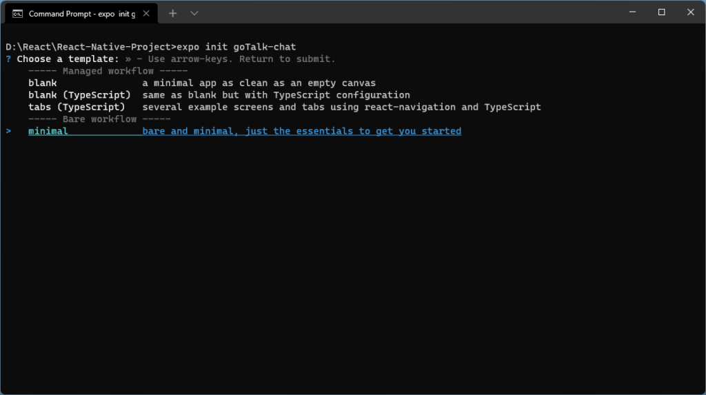Command Prompt expo  init goTalk-chat